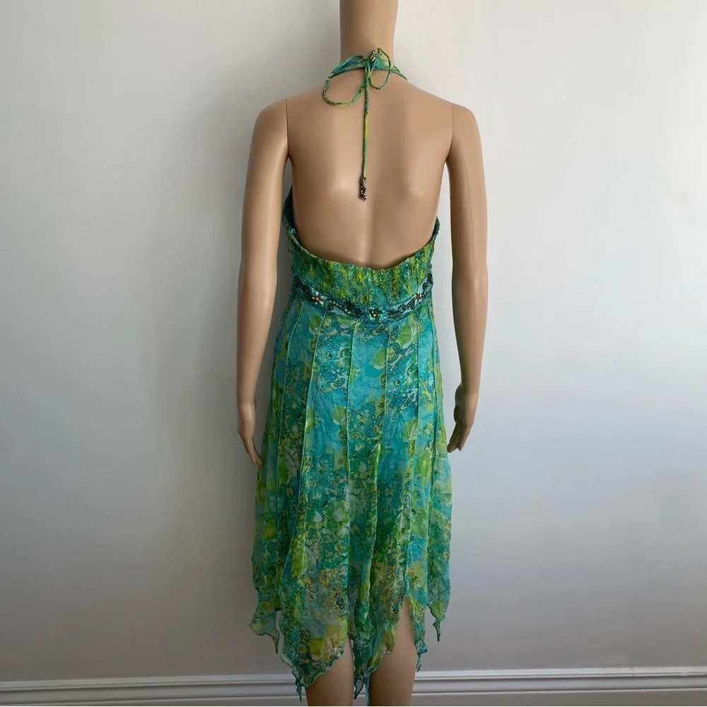 [SOLD] Vintage Sue Wong 100% Silk Green Halter Handkerchief Dress Beaded Size M - Picture 4 of 8